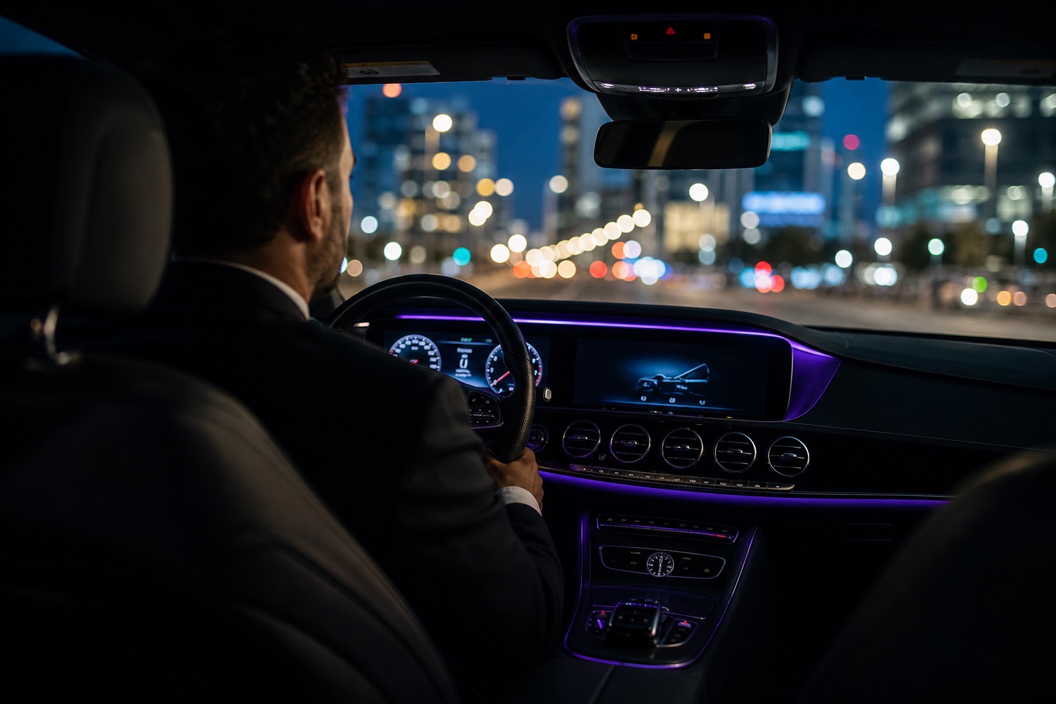 Private hire driver ready for the next job at night