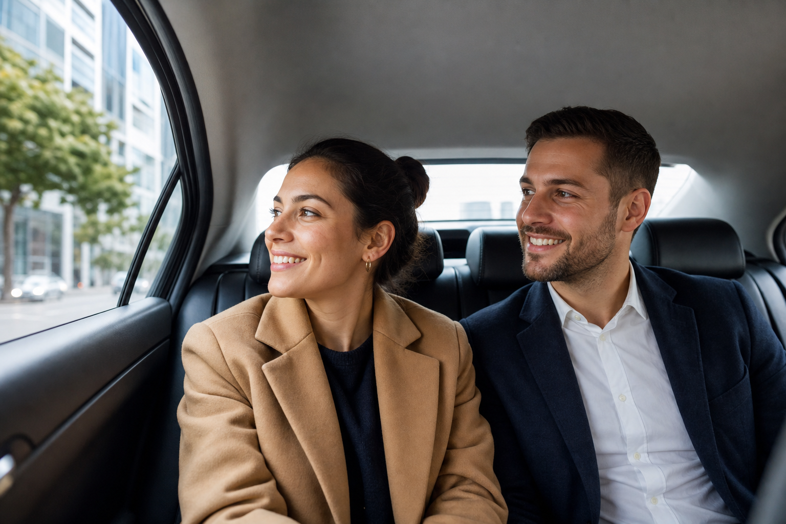 Passengers in the back of a Hale Cabs car